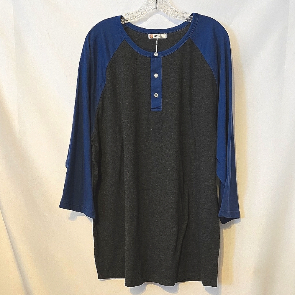H2H, 3/4 Sleeve Tee, 3XL, NWOT, Blue, Charcoal, Cotton/Poly Blend, 3 Buttons